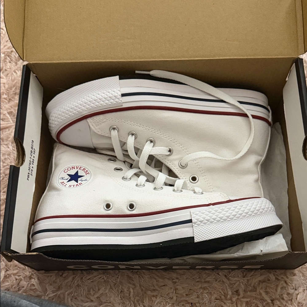 Converse High Top Sneakers in White with Red & Navy Stripes